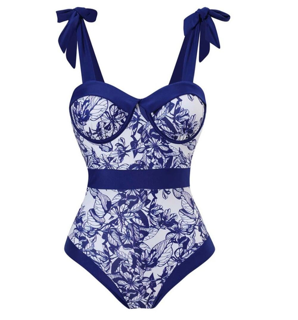 Blue White Toile Print One Piece Tie Shoulder Swim Suit Sz XL